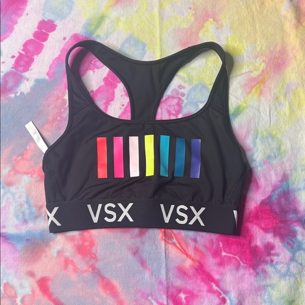 🖤 VSX Black Sports Bra • Bold Rainbow Vertical Stripes 🌈